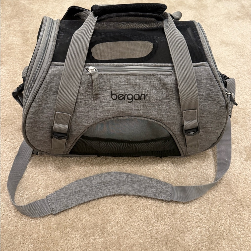 Gray Dog Travel Carrier with Mesh Ventilation and Adjustable Strap